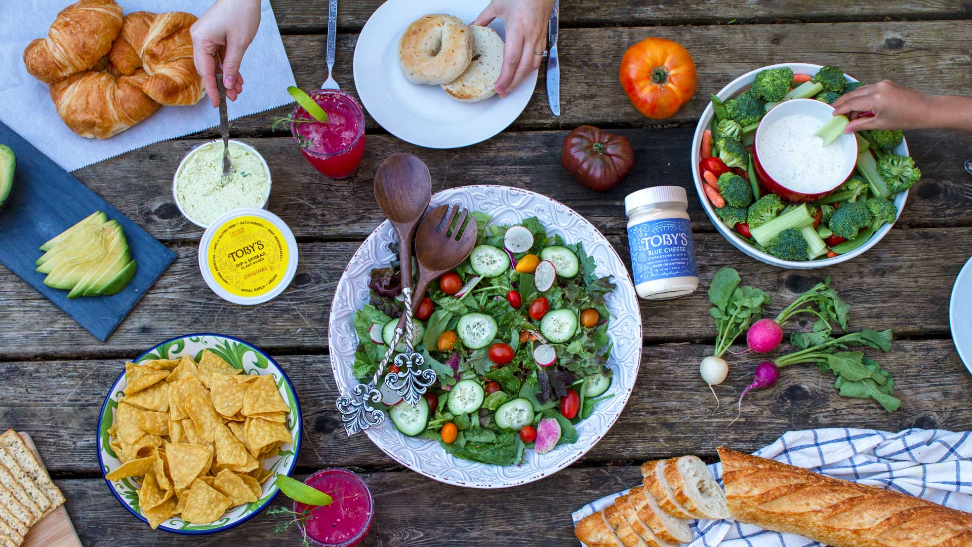 Toby's dressings, plant based dip and spread, seasonings and Genesis juices