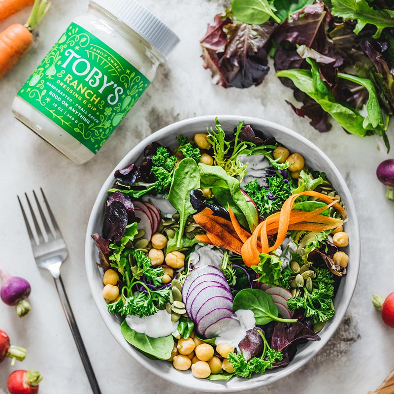 Toby's Ranch Dressing and Dip with organic vegetable salad